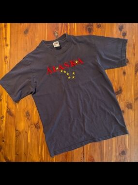 Anvil Navy Blue Alaska Graphic Tee with Red and Yellow Accents